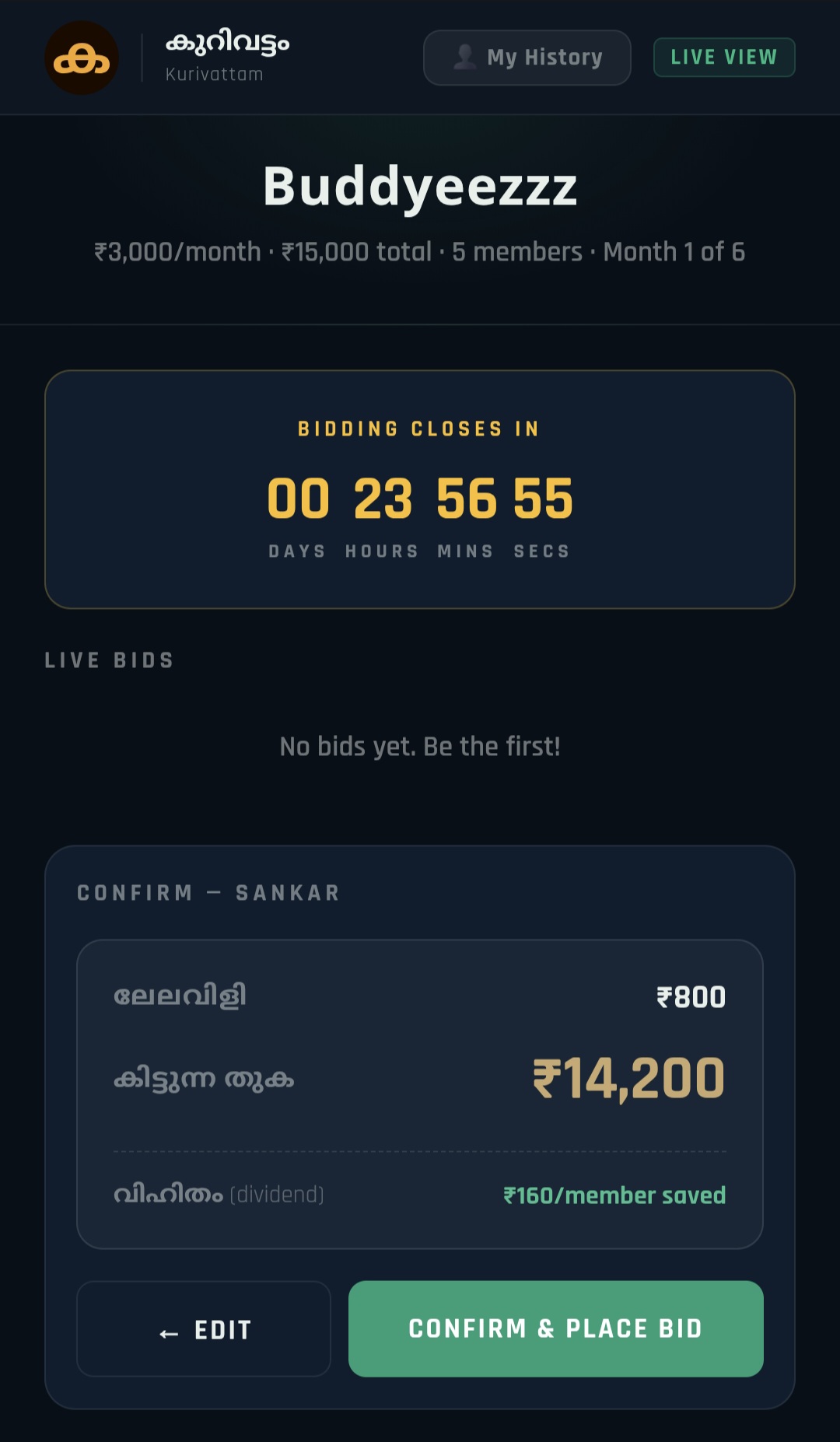 Live auction bidding screen